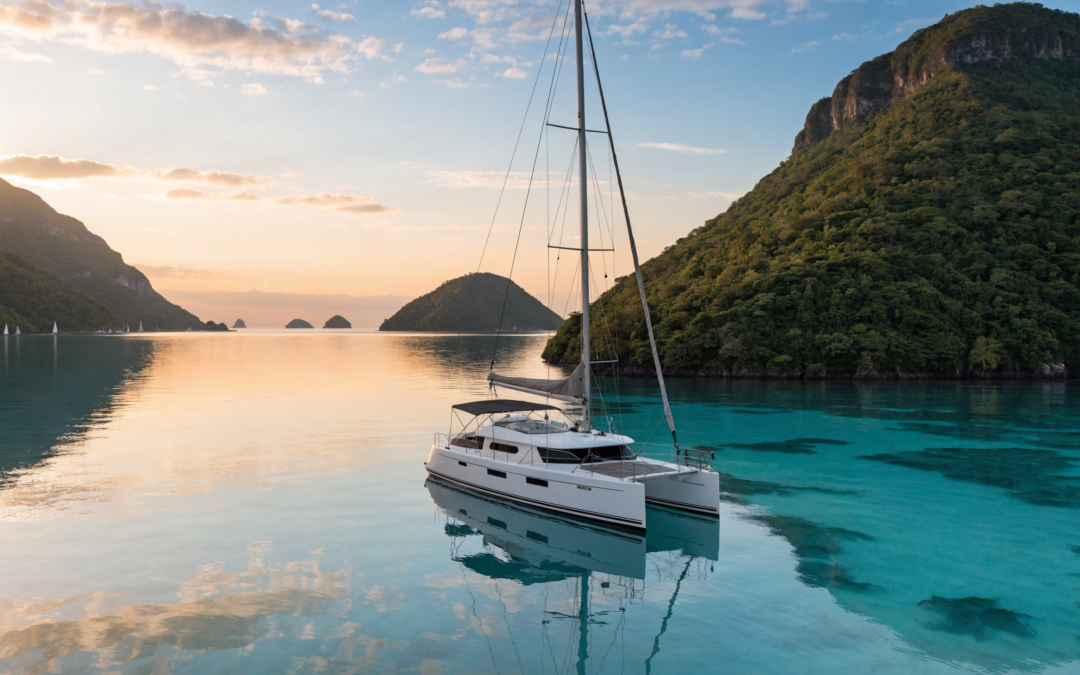 A crewed catamaran anchored in a calm channel in the British Virgin Islands at sunrise