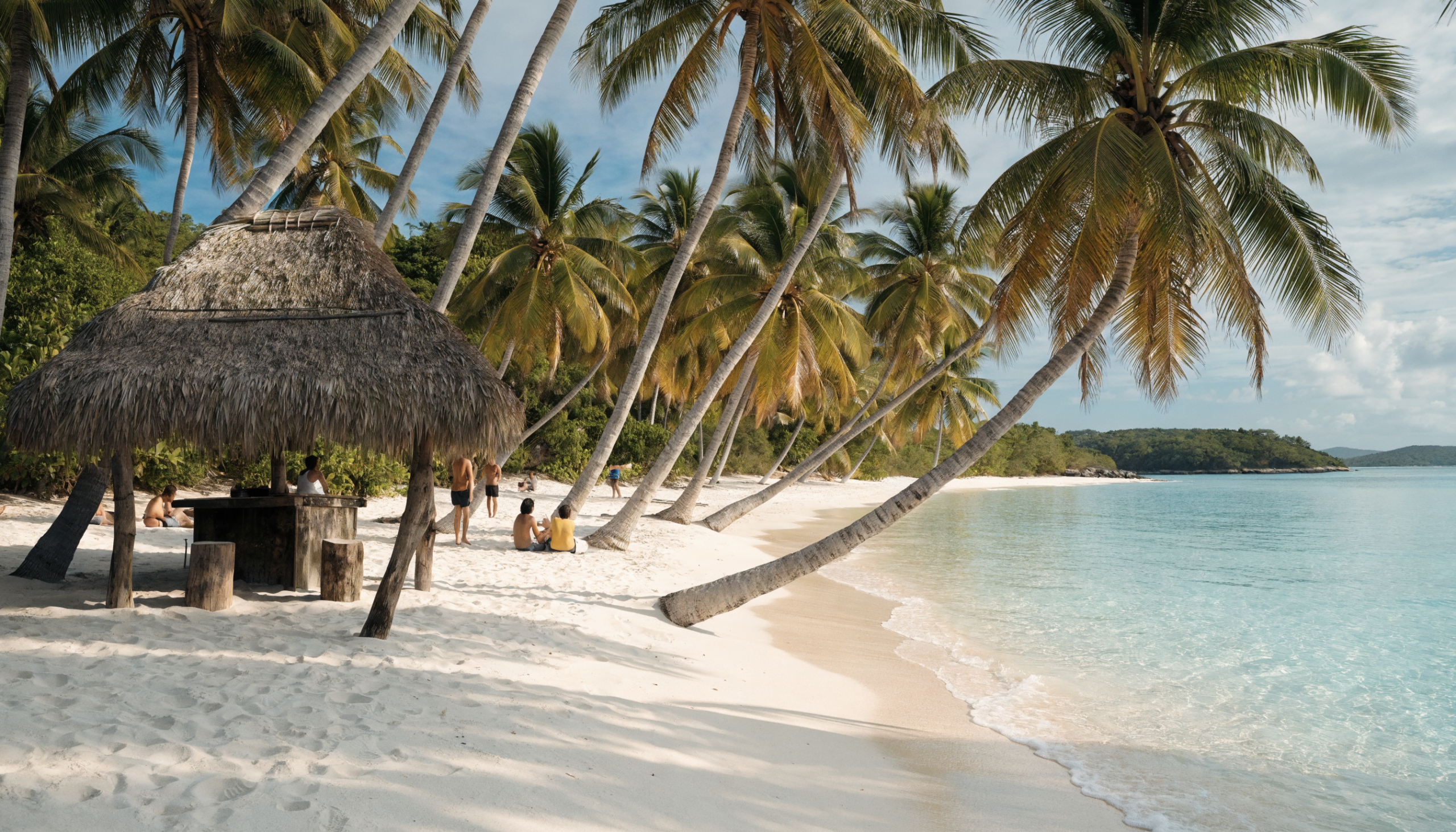 A barefoot beach bar on a white-sand Caribbean beach lined with palm trees