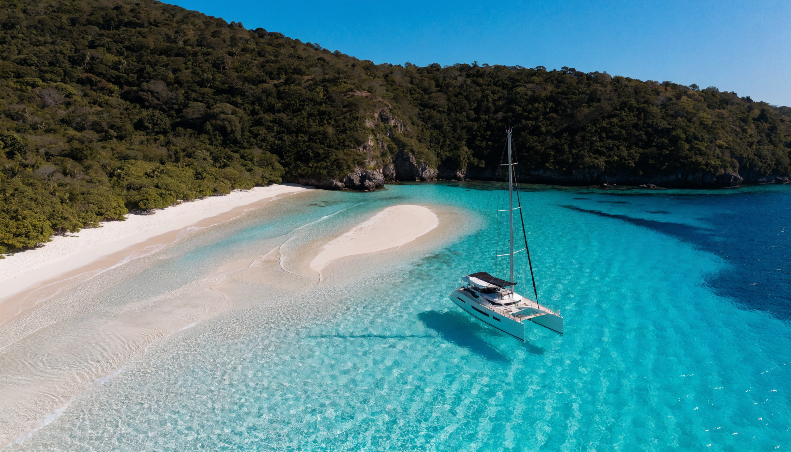A luxury crewed catamaran anchored alone in a turquoise Caribbean cove