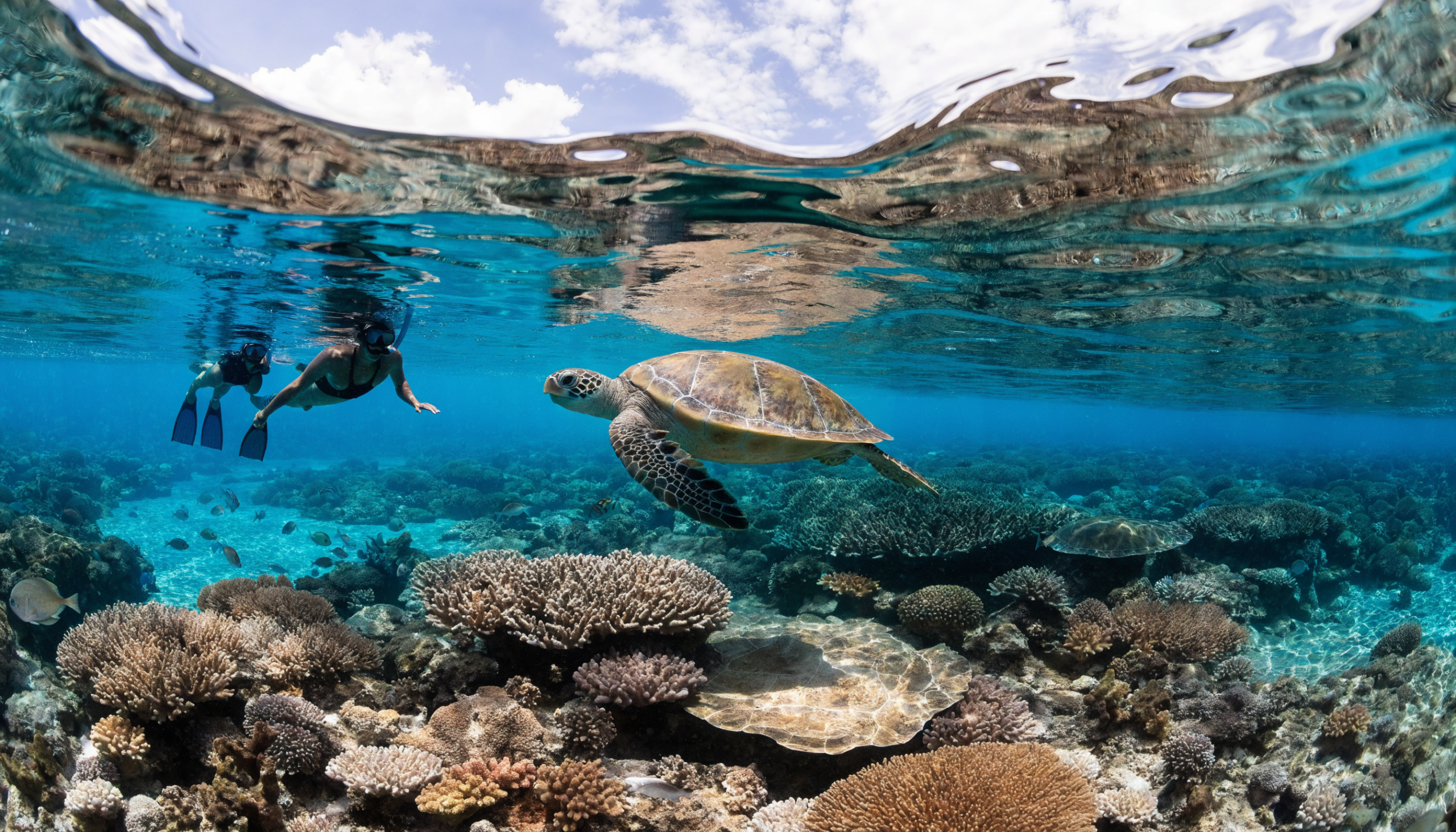 Snorkelers floating over a coral reef with a sea turtle in clear turquoise water