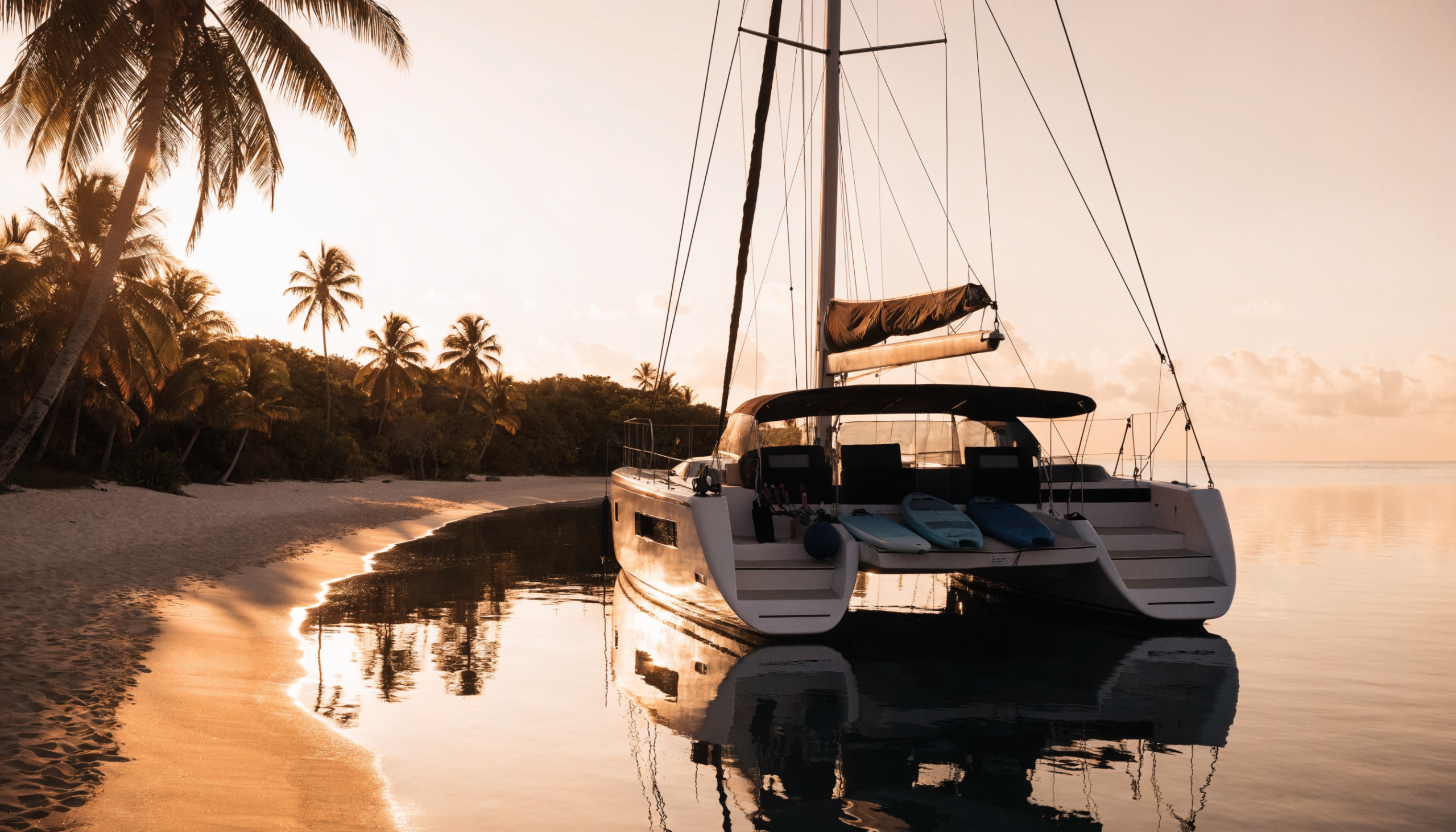 A catamaran anchored off a palm-lined beach at sunset with paddleboards on the swim platform